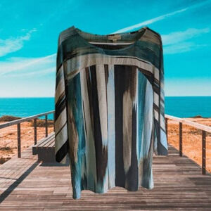 Dana Buchman Lg 3/4 sleeve poly blend stretch blue brown top fall/winter